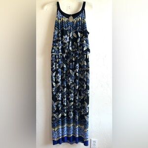 Enfocus Black/Blue/Yellow Floral Stretchy Maxi Drawstring Waist Dress Sz 14